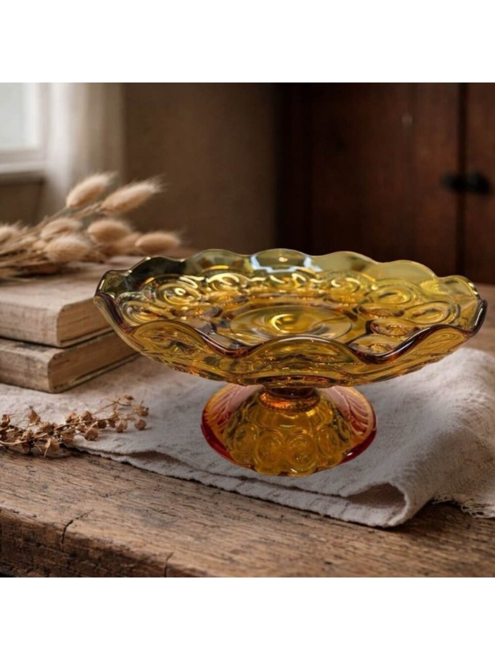 LE Smith Moon and Stars Amber Glass Pedestal Compote Dish With Scalloped Edge  V